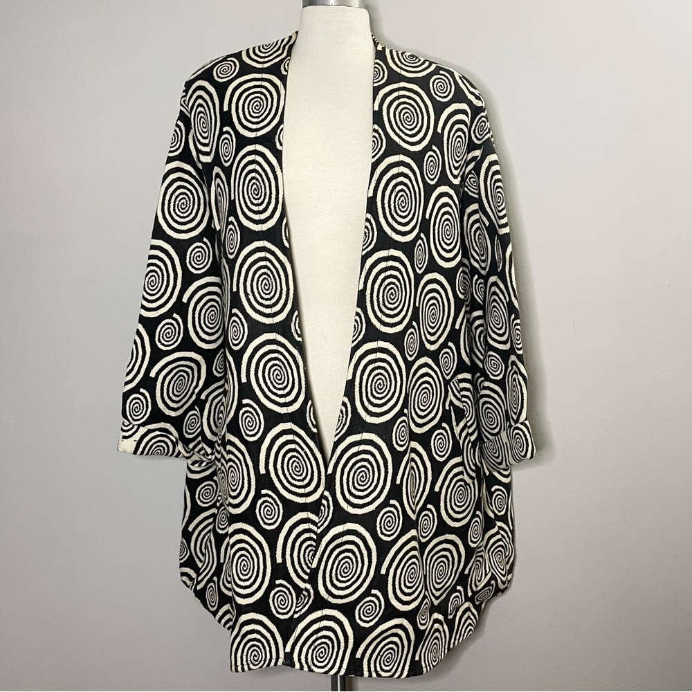 Kembali Collection Boho Cotton Open Front Jacket Cardigan Black Ivory Spiral